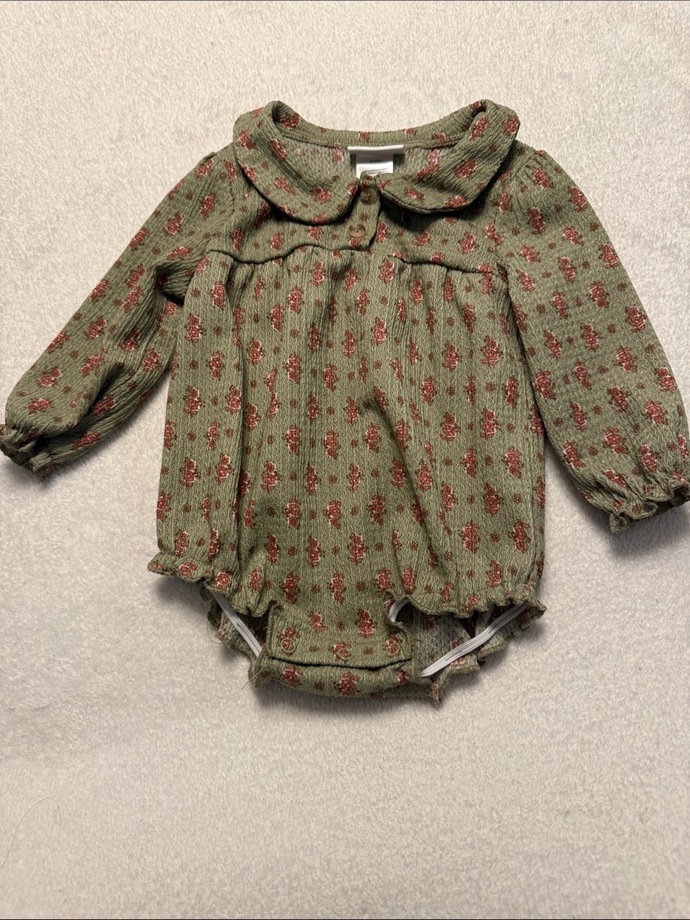 Daisy Fuentes Olive Green Floral Peter Pan Collar Baby Romper